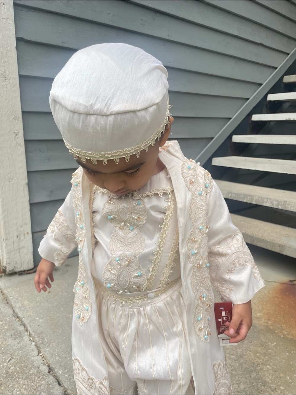 Ivory Embroidered Baby Boy Outfit with Beaded Details